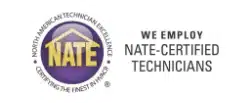 A logo with "NATE" in a purple circle and text stating "We Employ NATE-Certified Technicians.
