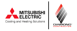 Logos of Mitsubishi Electric Cooling and Heating Solutions on the left, featuring a red three-diamond symbol, and Diamond Contractor on the right, featuring a black and red diamond design.