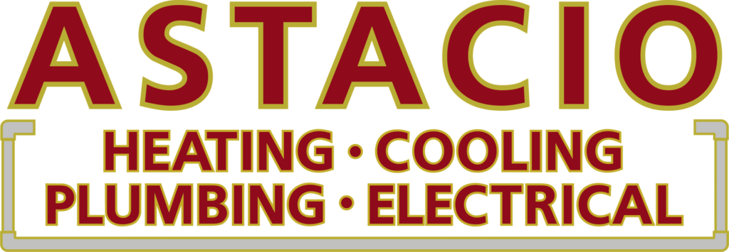 Sign reading: "ASTACIO HEATING · COOLING PLUMBING · ELECTRICAL" in red lettering with gold outlines on a black background.
