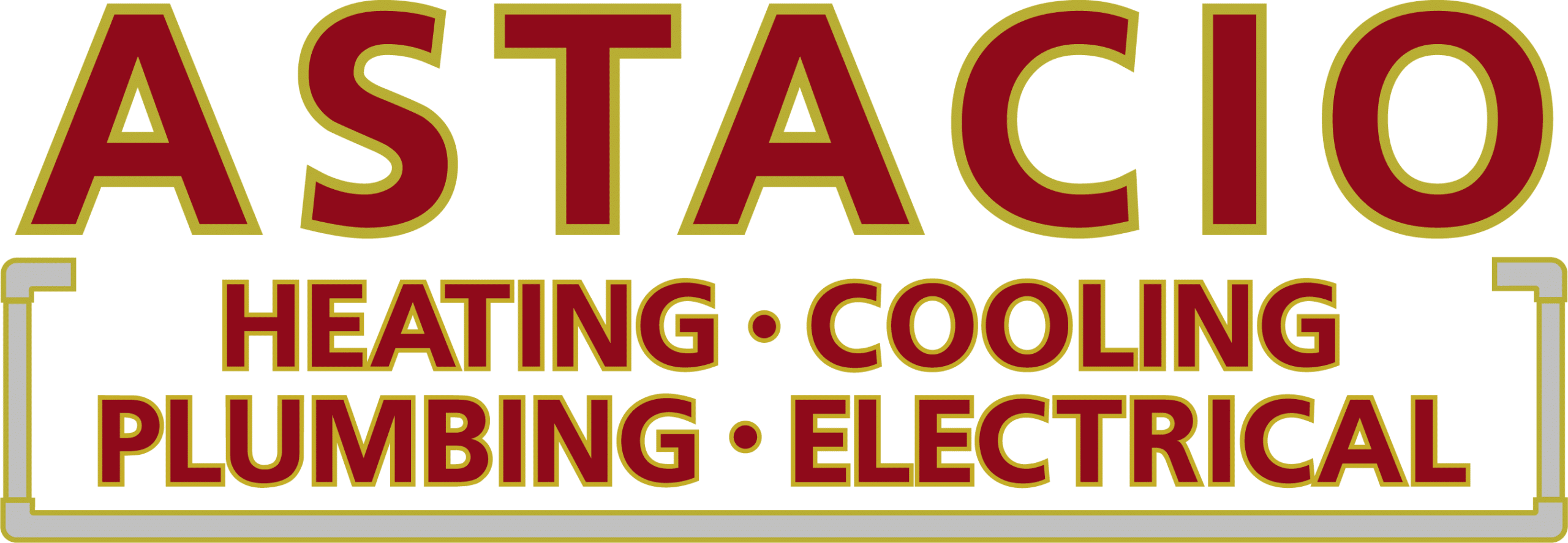 Sign reading: "ASTACIO HEATING · COOLING PLUMBING · ELECTRICAL" in red lettering with gold outlines on a black background.