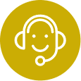 Icon of a smiling face wearing a headset with a microphone, set against a yellow circle background.