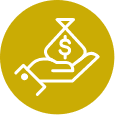 Icon of a hand holding a money bag with a dollar sign, outlined in white on a yellow circular background.