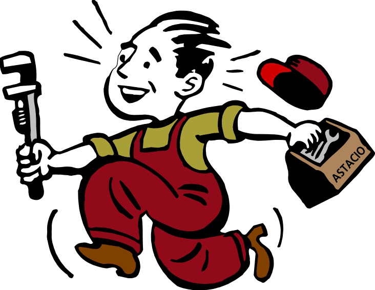 Illustration of a cheerful plumber in red overalls, holding a pipe wrench and toolbox, jumping with enthusiasm. A red cap is floating above.