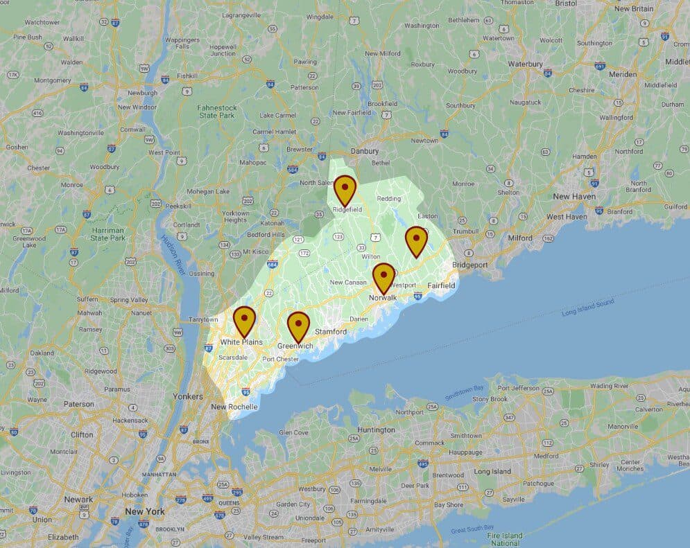 Map showing locations marked with pins across parts of Connecticut and New York, highlighting areas such as Stamford, Greenwich, and White Plains.