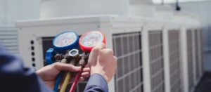 Hands holding HVAC manifold gauge, checking air conditioning system on a rooftop.