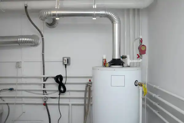 A utility room with a large white water heater, metallic pipes, and electrical wiring on the walls.