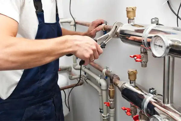 A person in blue overalls uses a wrench to adjust metal pipes and valves in a utility room during heating maintenance.