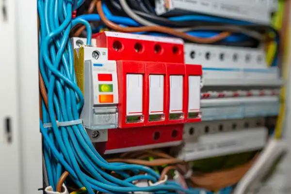 Close-up of an electrical circuit breaker panel with multiple wires, including blue cables and red switches.