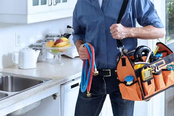Person holding a tool bag and hoses in a kitchen, standing near a counter with a fruit bowl and sink.