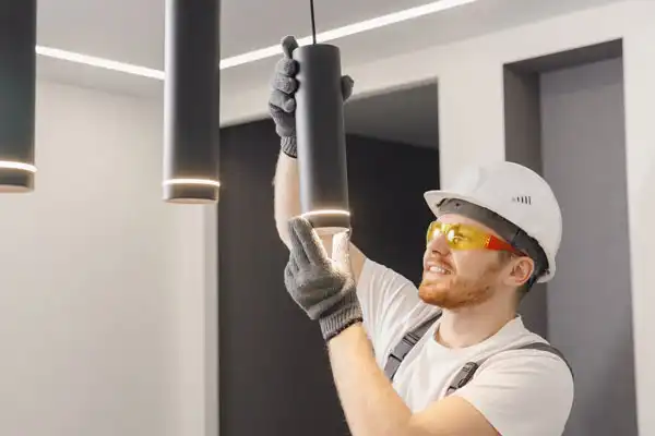 Worker wearing a hard hat and safety glasses adjusts a cylindrical ceiling light fixture in a modern room.