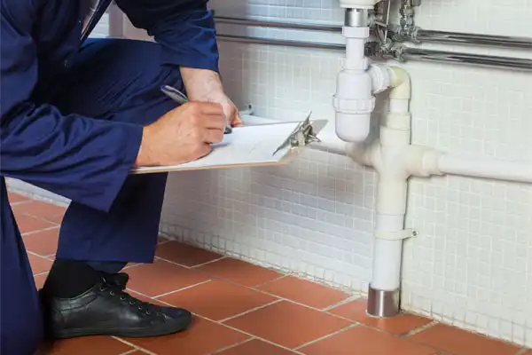 A person in a dark uniform kneels on a tiled floor, inspecting and taking notes on plumbing pipes with a clipboard and pen.