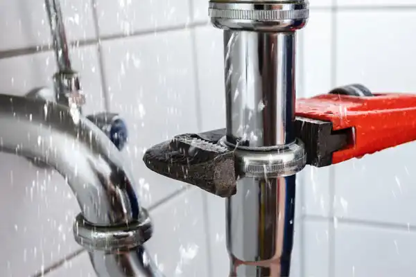 A pipe leaking water as a plumber uses a wrench to tighten a joint, with visible splashes indicating the urgency of the repair.