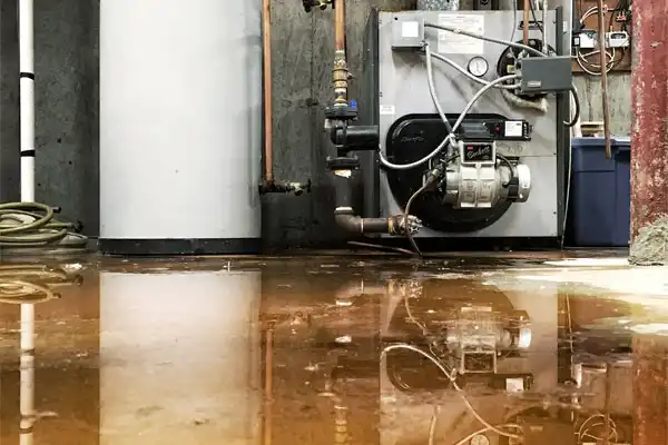 Flooded basement with a spilled liquid on the floor and plumbing equipment, including a water heater and pipes, against a concrete wall.