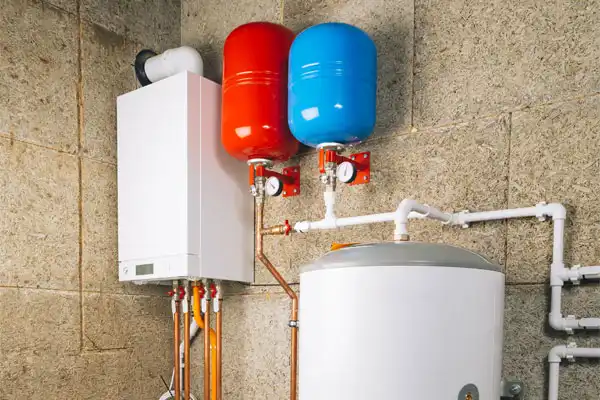 Home heating system setup with a white boiler, two expansion tanks (red and blue), and pipes against a stone wall.