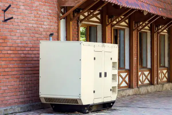 A large, beige industrial generator is positioned on a concrete base beside a brick building with wooden trim and a tiled roof.