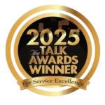 A gold and black badge reads "2025 The Talk Awards Winner For Service Excellence," proudly showcasing Astacio Heating’s commitment to outstanding service.