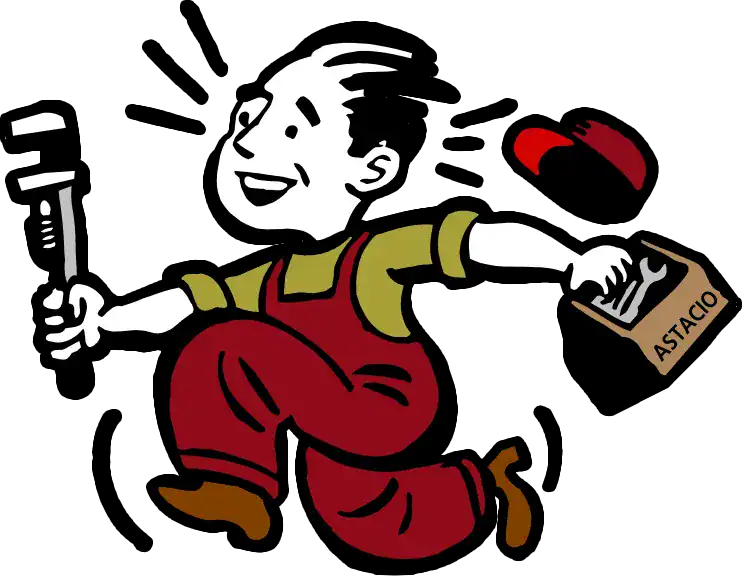 Cartoon figure in red overalls holding a wrench and a folder labeled "ASTACIO," running and smiling, with a red cap flying off behind.