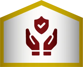 Two maroon hands hold a shield with a checkmark inside, centered within a gold-outlined house shape on a white background.