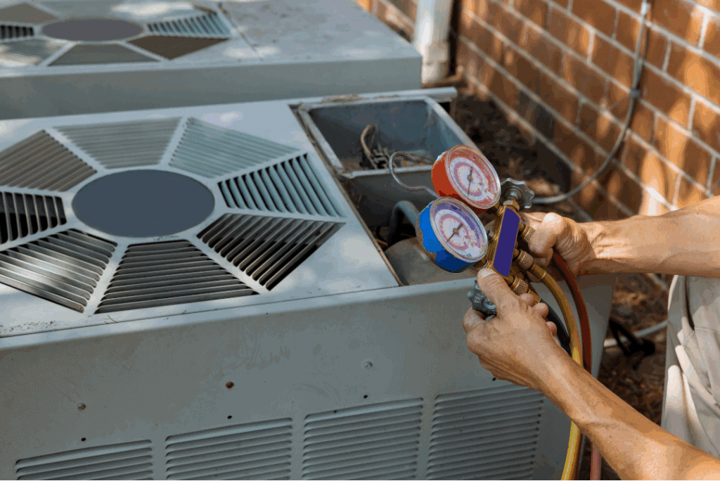 A person uses HVAC manifold gauges to check or service an outdoor air conditioning unit next to a brick wall, showcasing the precision and expertise required for quality heating services in Norwalk, CT.