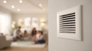 Close-up of a white wall air vent with a blurred background showing people sitting in a living room.