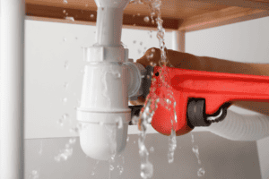 Water leaks from a white pipe under a sink as a person uses a red pipe wrench to tighten a connection during a plumbing inspection.